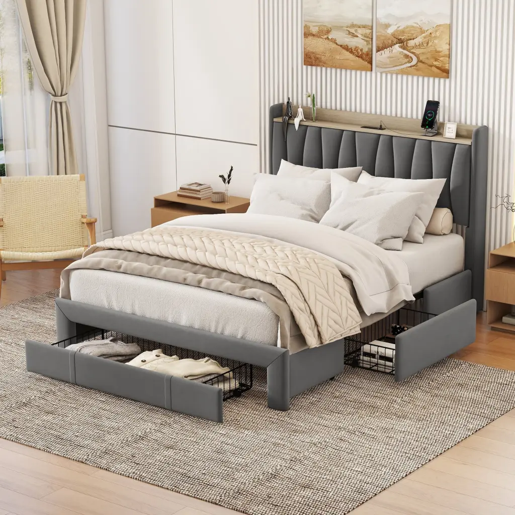 Queen Size Bed Frame Storage Headboard and Charging Station bonwell