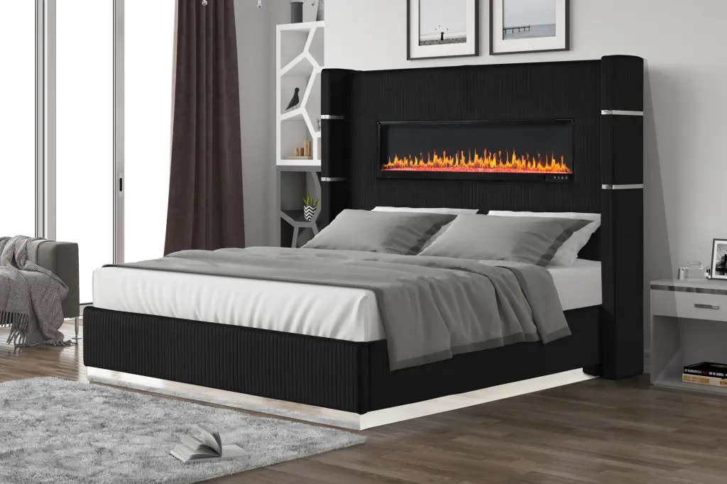 Lizelle Upholstered Wooden Queen Bed Ambient Lamp Black Velvet galaxy home furnishings