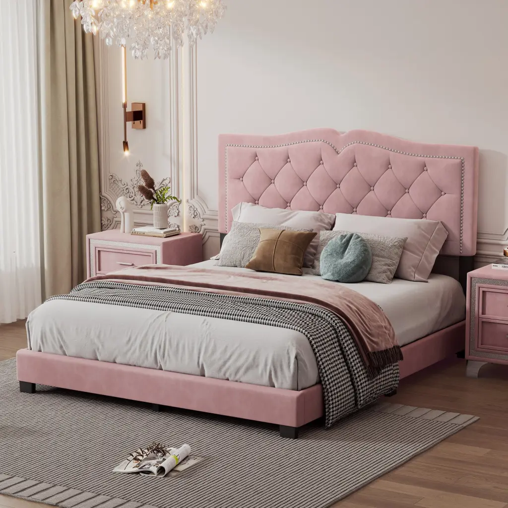 Queen Dimensions Upholstered Bed Frame Rivet Design Modern Velvet Platform homey life