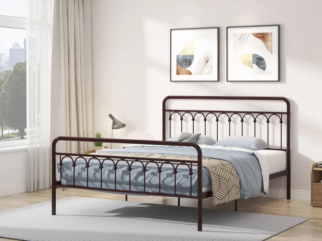 Tara Metal Bed Queen Antique Brown Box Spring Not Required house - home furniture