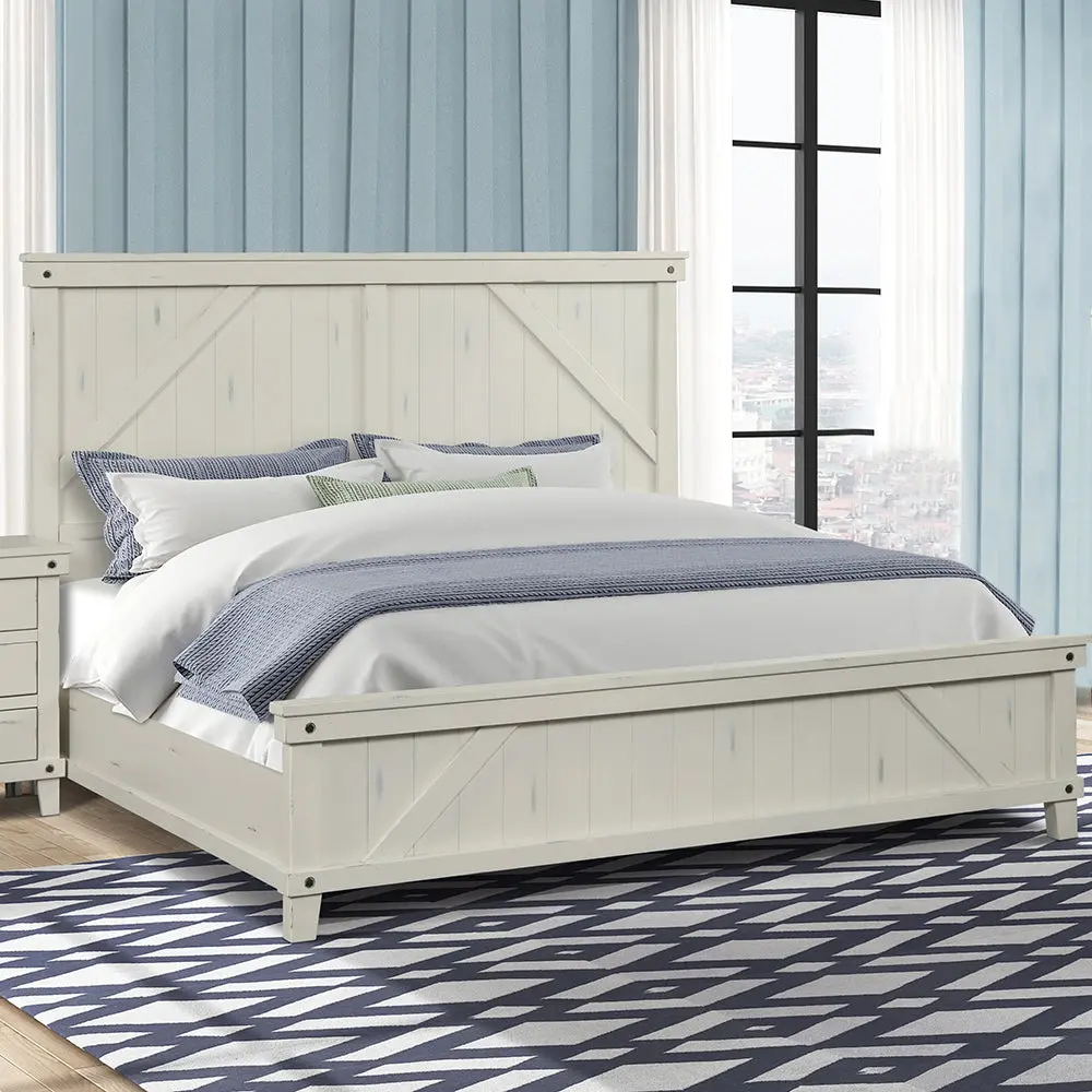 Queen Industrial Farmhouse Bed White Solid Wood MDF Frame ihomefurnishings