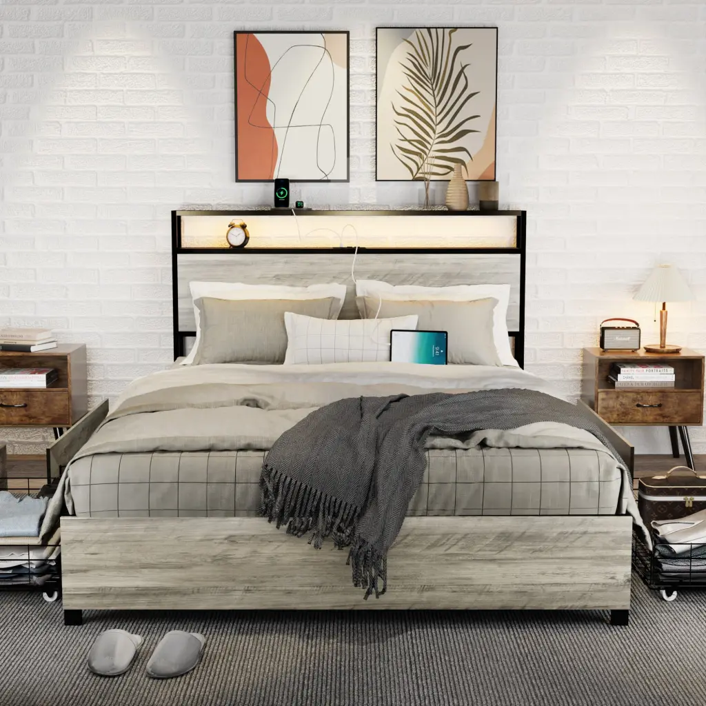 Queen Dimensions Bed Frame 4 Storage Drawers and 2 USB Ports, Upholstered jhomier furniture