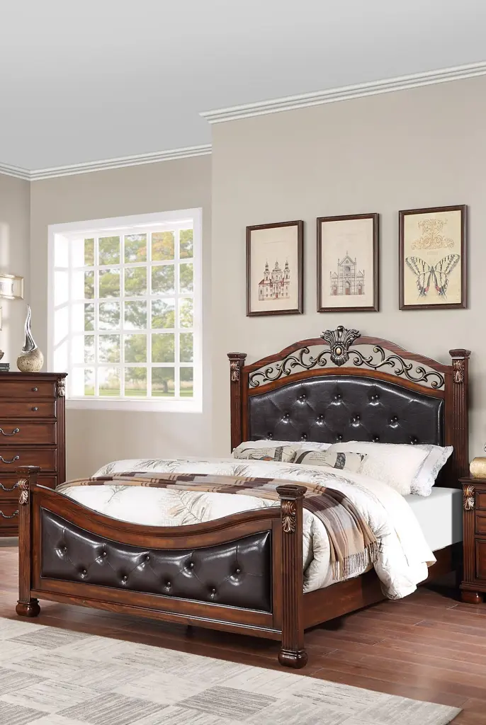 Formal Traditional Dark Cherry Queen Size Bed Tufted Faux Leather kanepe