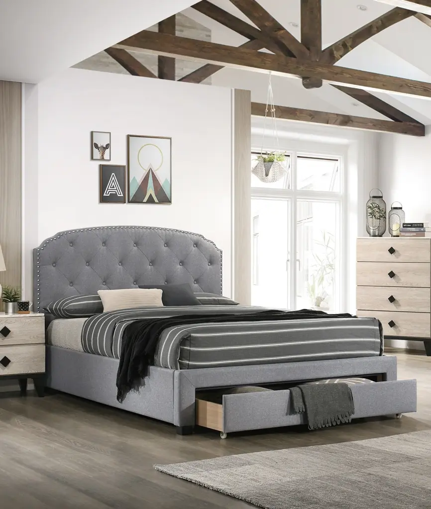 Light Grey Burlap Material 1Pc Queen Dimensions Bed Drawer Button Tufted Headboard kanepe