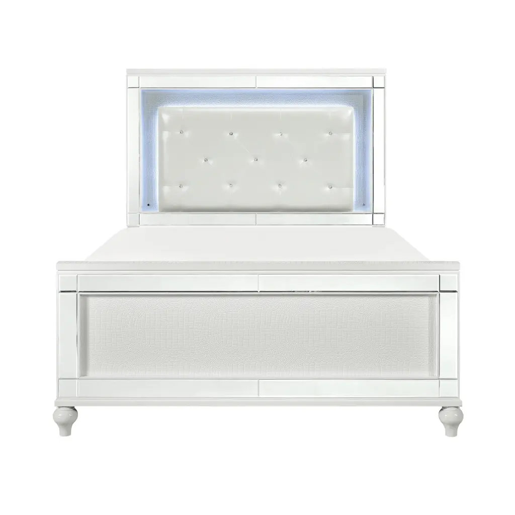 Metallic White Finish Queen Bed LED Headboard Button Tufted Modern Glam Design kanepe