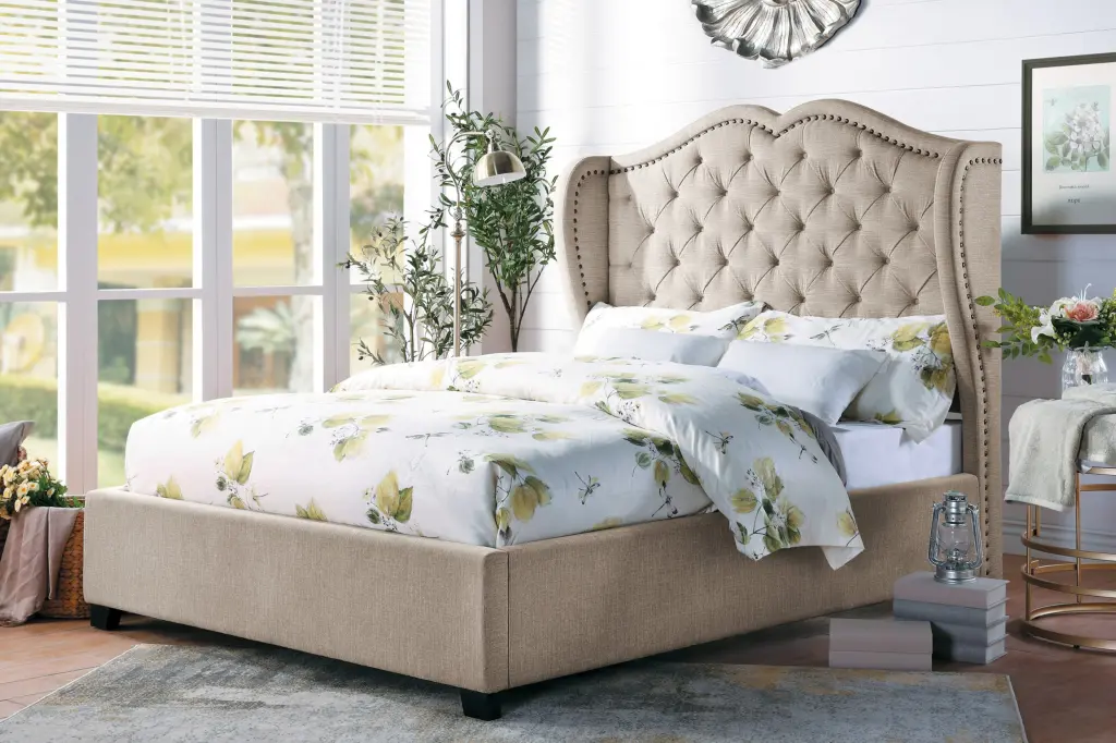 Modern Traditional Beige Upholstered Queen Bed Button Tufted Wing Back kanepe
