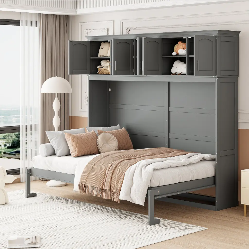 Queen Dimensions Murphy Bed Wall Bed Top Cabinets Gray Plywood Space Saving Bed lucky furniture