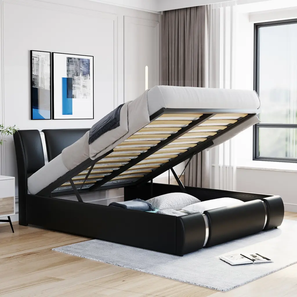 Queen Dimensions Upholstered Faux Hide Platform Bed Hydraulic Storage lucky furniture