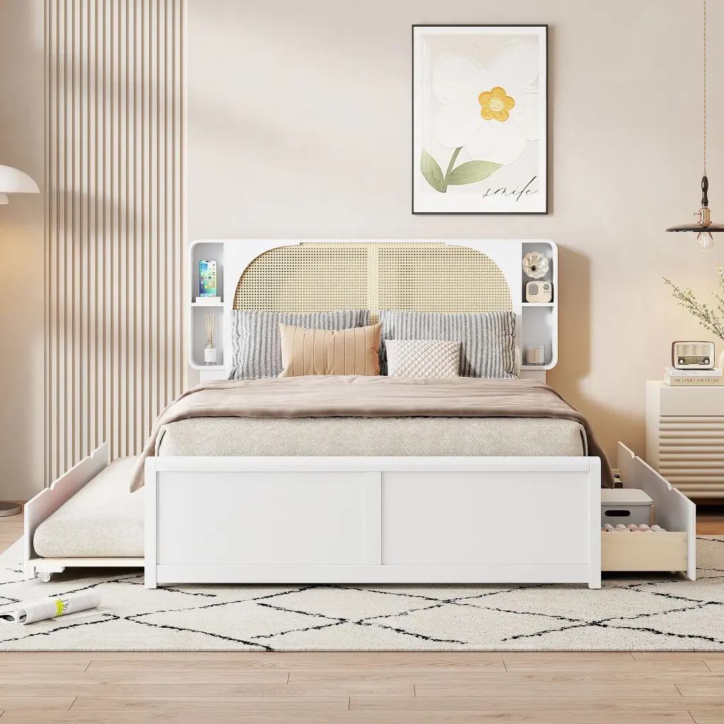 Queen Rattan Headboard Bed Two Drawers And Trundle White Bed Frame lucky home