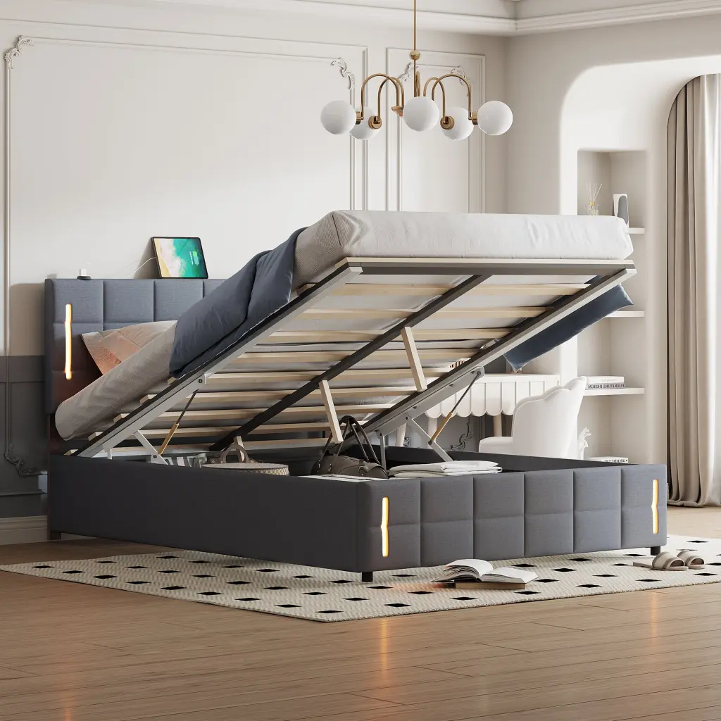 Queen Dimensions Upholstered Bed Hydraulic Storage System and LED Lights lucky world