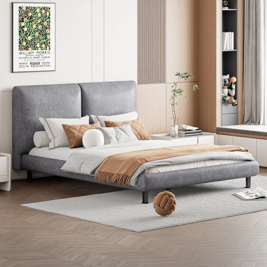 Queen Dimensions Upholstered Platform Bed Two Large Headrests - Thick Padding lucky world