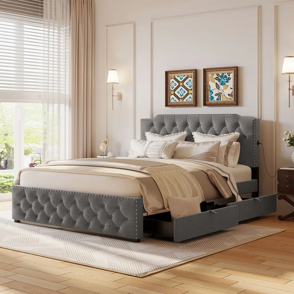 Queen Upholstered Platform Bed 2 Drawers And USB Ports lucky world