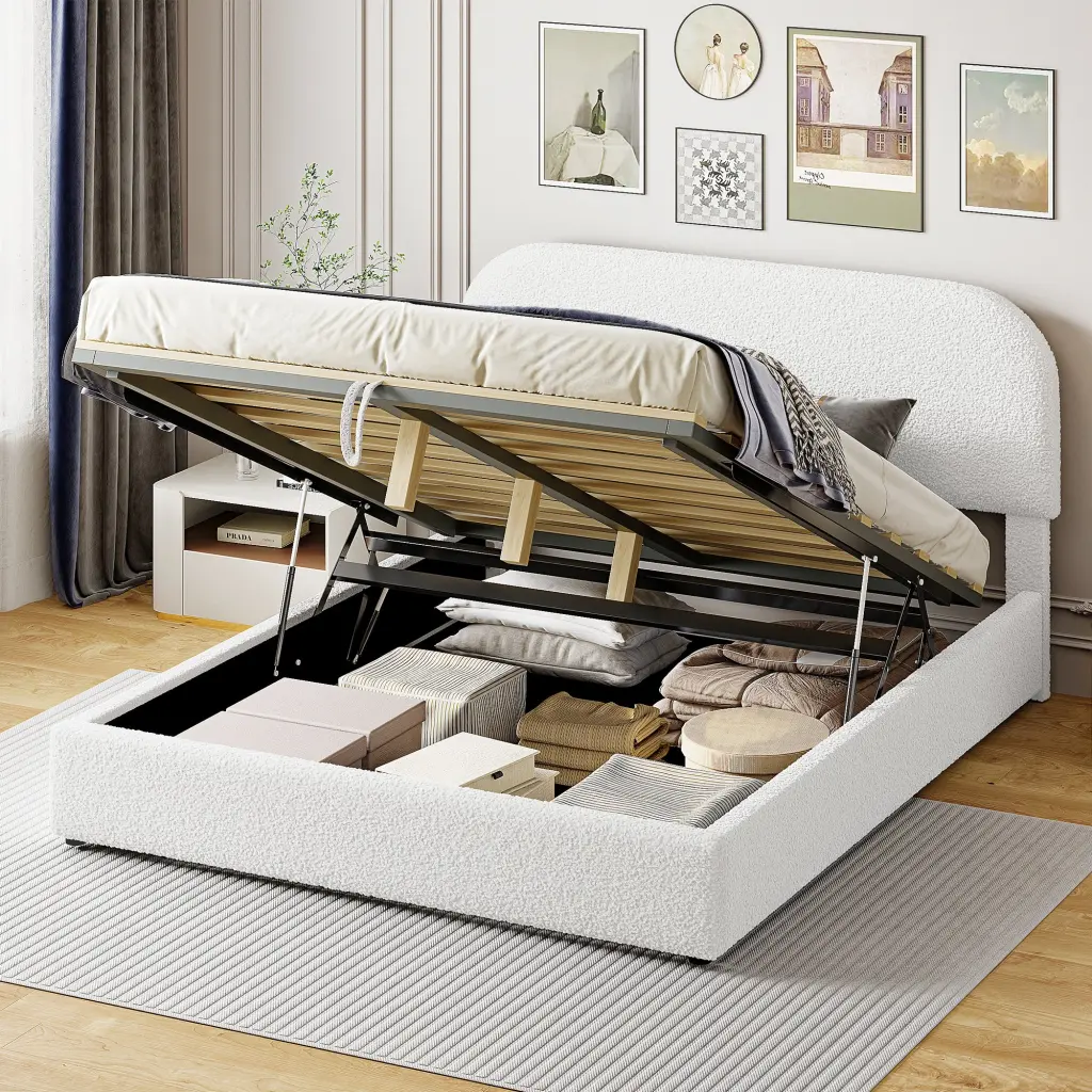 Teddy Fleece Queen Upholstered Platform Bed Hydraulic Storage lucky world