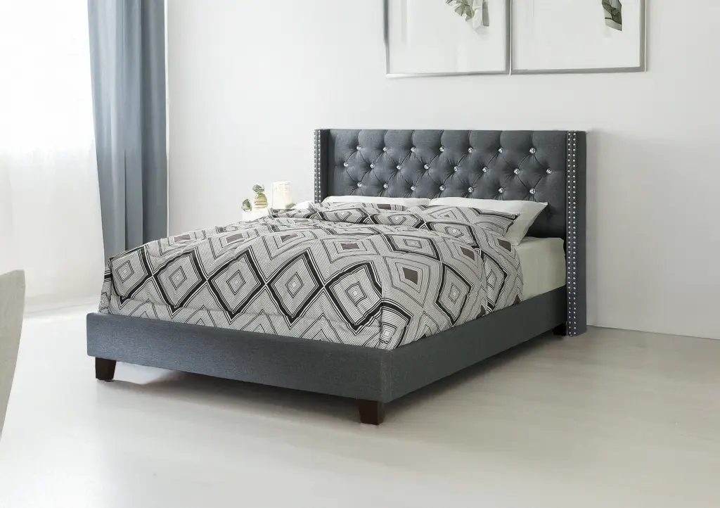 Blue Gray Queen Bed Frame No Box Spring Required Modern Fabric Upholstery poundex