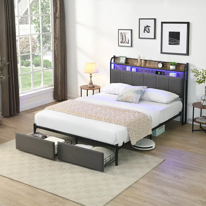 Queen Bed Frame Storage Headboard and Charging Station Solid Wood rnb