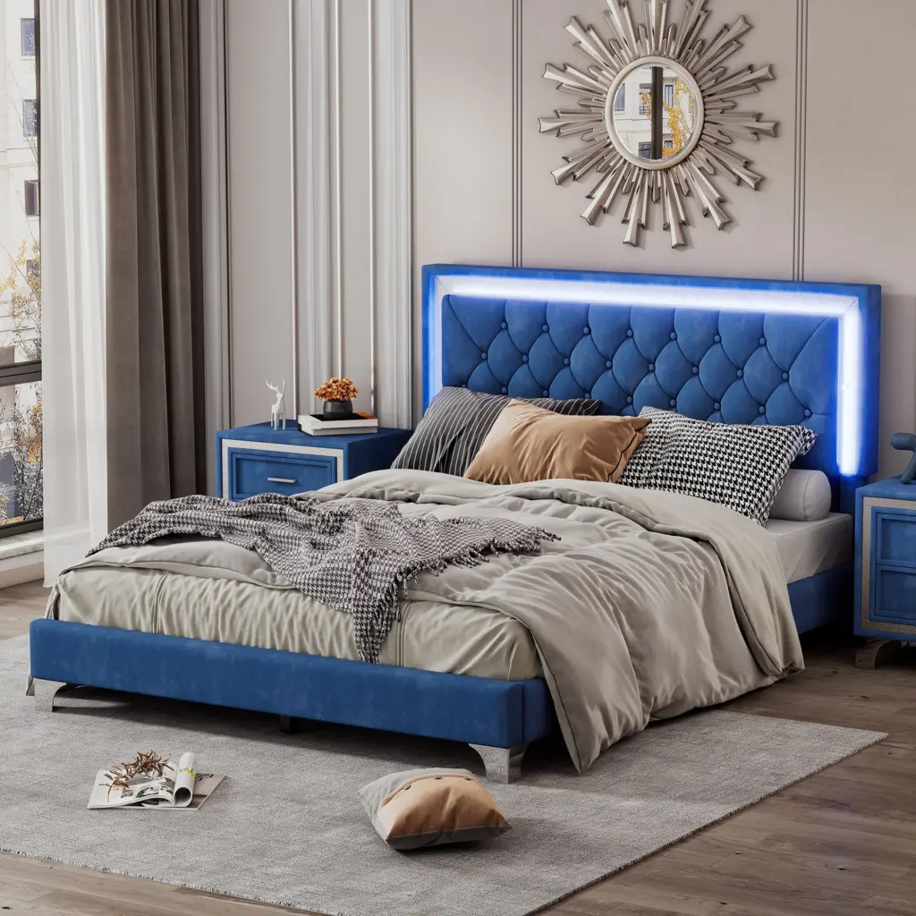 Queen Upholstered Bed Frame LED Lights Modern Velvet Platform Bed rnb