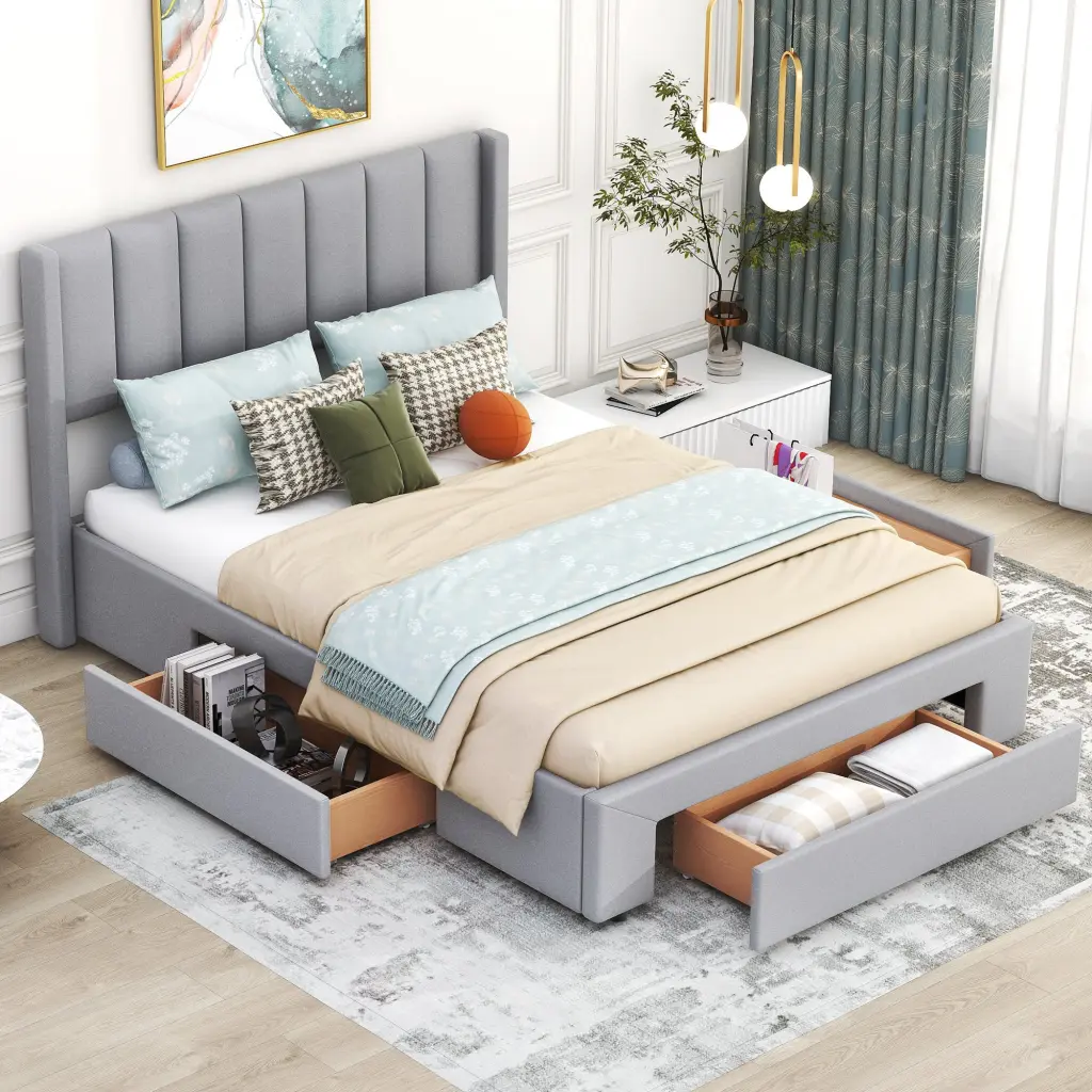 Queen Dimensions Upholstered Platform Bed Large Footboard Drawer Modern Bed Frame wm store
