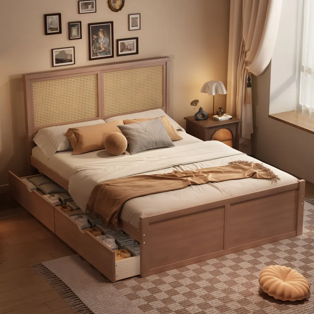 Queen Wood Storage Platform Bed 4 Drawers and Rattan Headboard wm store