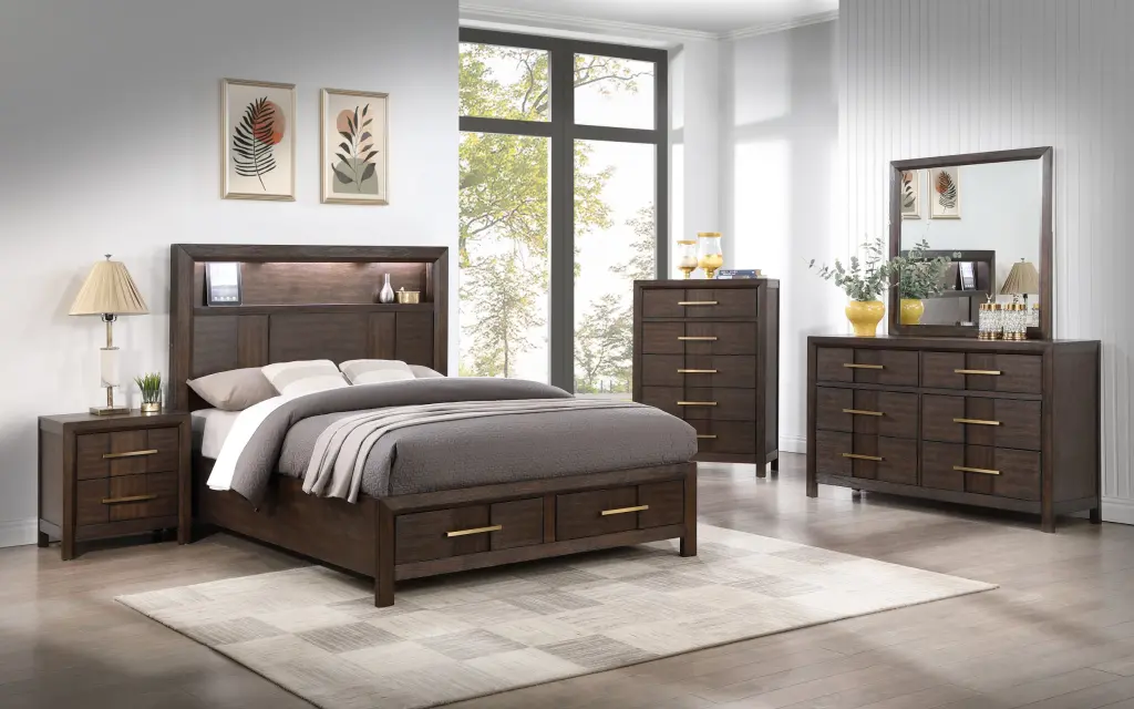 Kenzo Modern Queen 5 Piece Storage Bedroom Set Wood Frame And LED Lights galaxy home furnishings