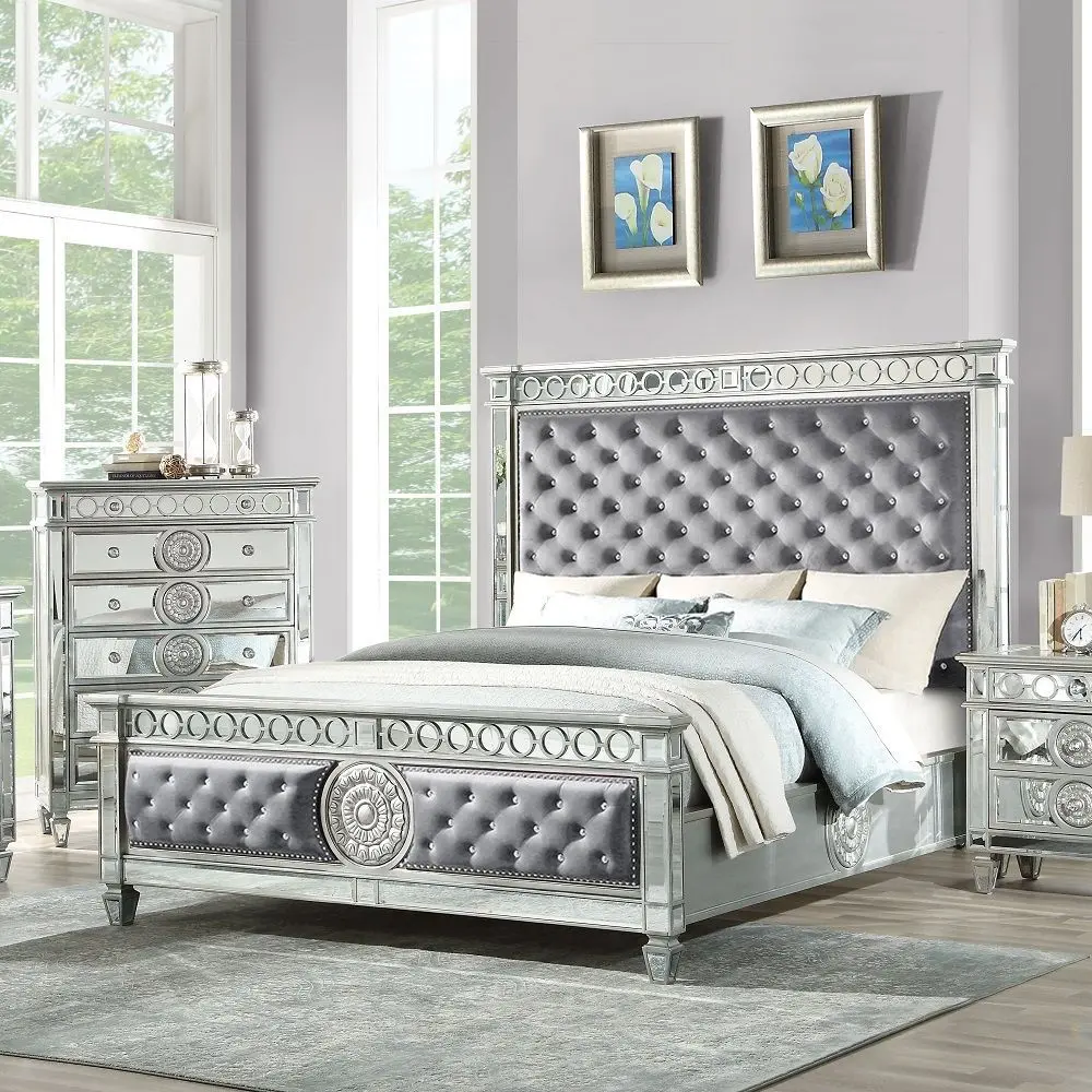 Varian Queen Bed Gray Material and Mirrored Headboard Bd02303Q acme onsite store