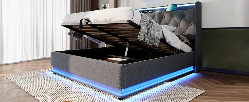 Queen Size Upholstered Bed 360 Surround LED Function Buttons Apps Remote artistry at home