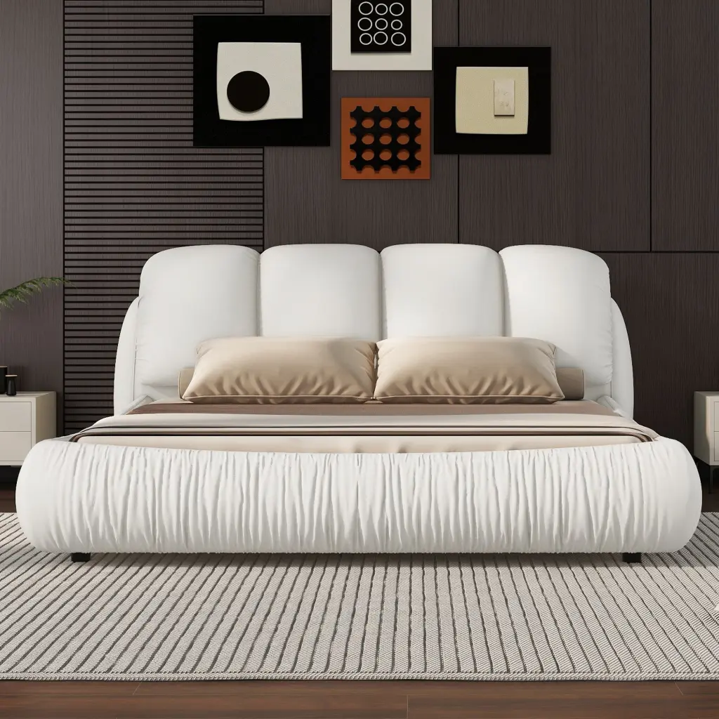 Queen Size Premium Upholstered Bed Thick Headboard Leather bonwell