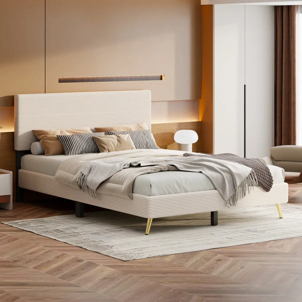 Queen Size Corduroy Upholstered Bed Frame Horizontal Platform homey life
