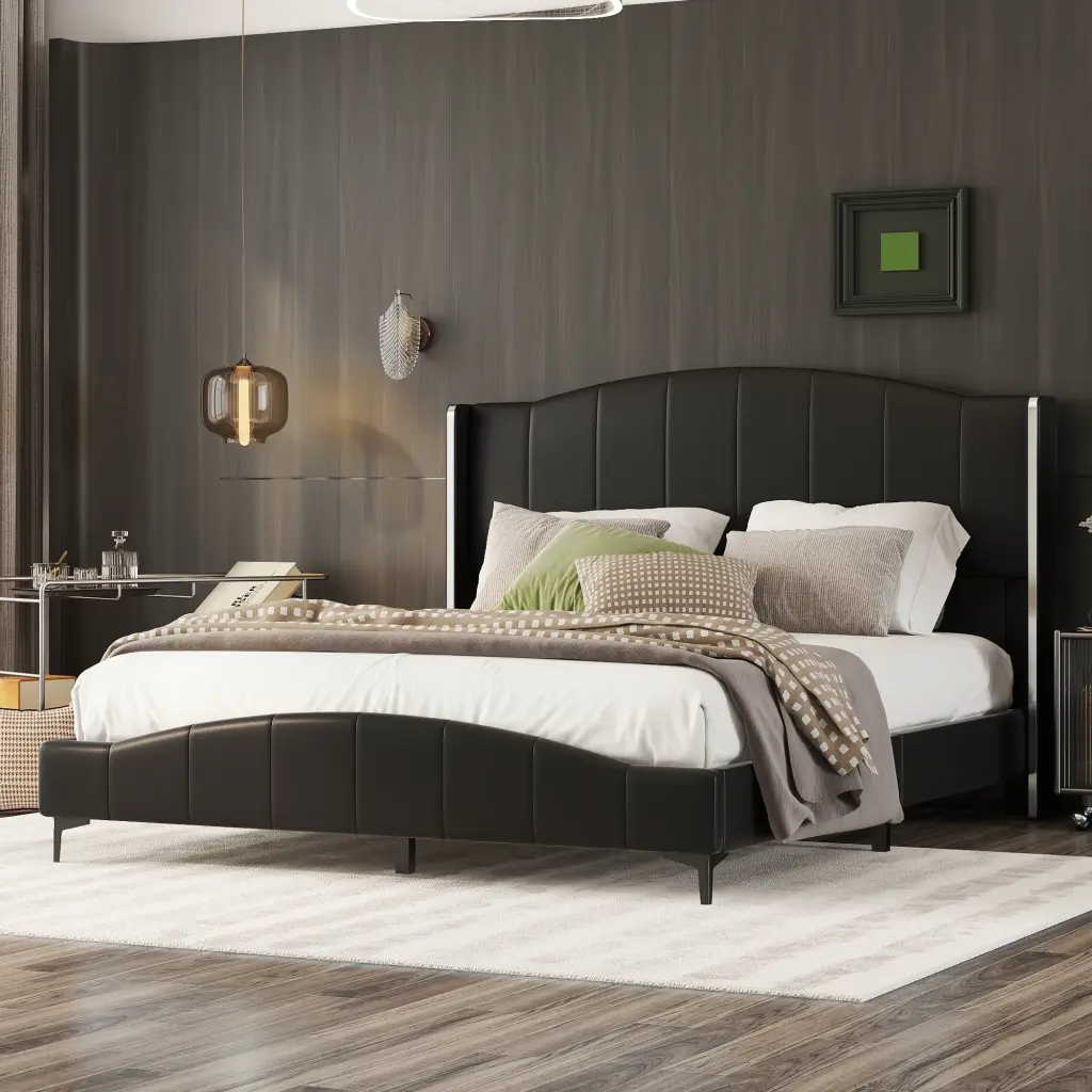 Queen Size Pu Leather Upholstered Platform Bed Wingback Headboard homey life
