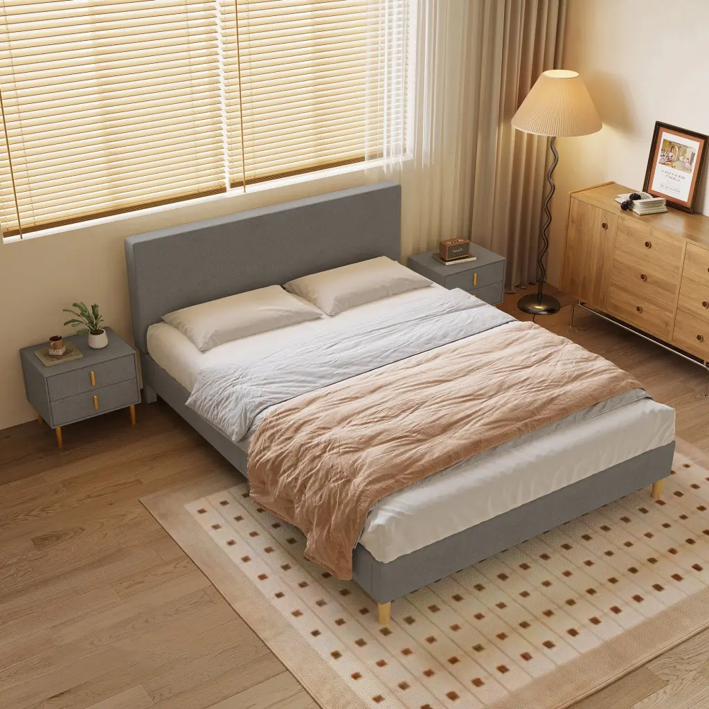 Queen Size Bed Cotton Linen Fabric Effortless Style Stable Structure hx-furniture