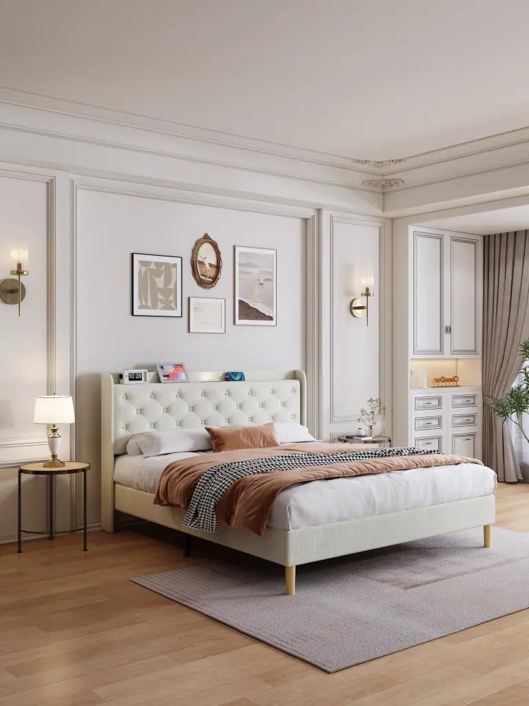 Queen Size Bed Mesh Backboard Beautiful Design LED Lights Cotton Upholstered Frame hx-furniture