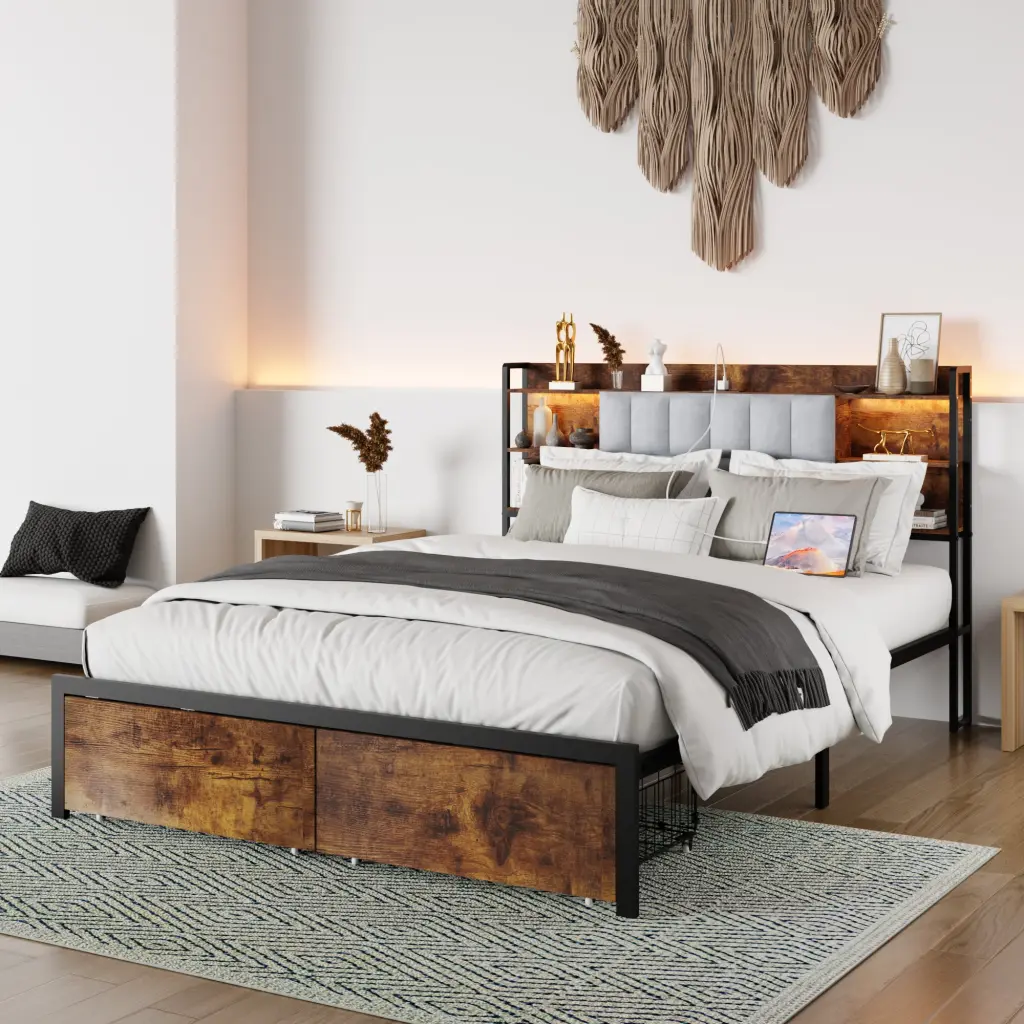 Queen Size Bed Frame 2 Storage Drawers and LED Lights Headboard jhomier furniture