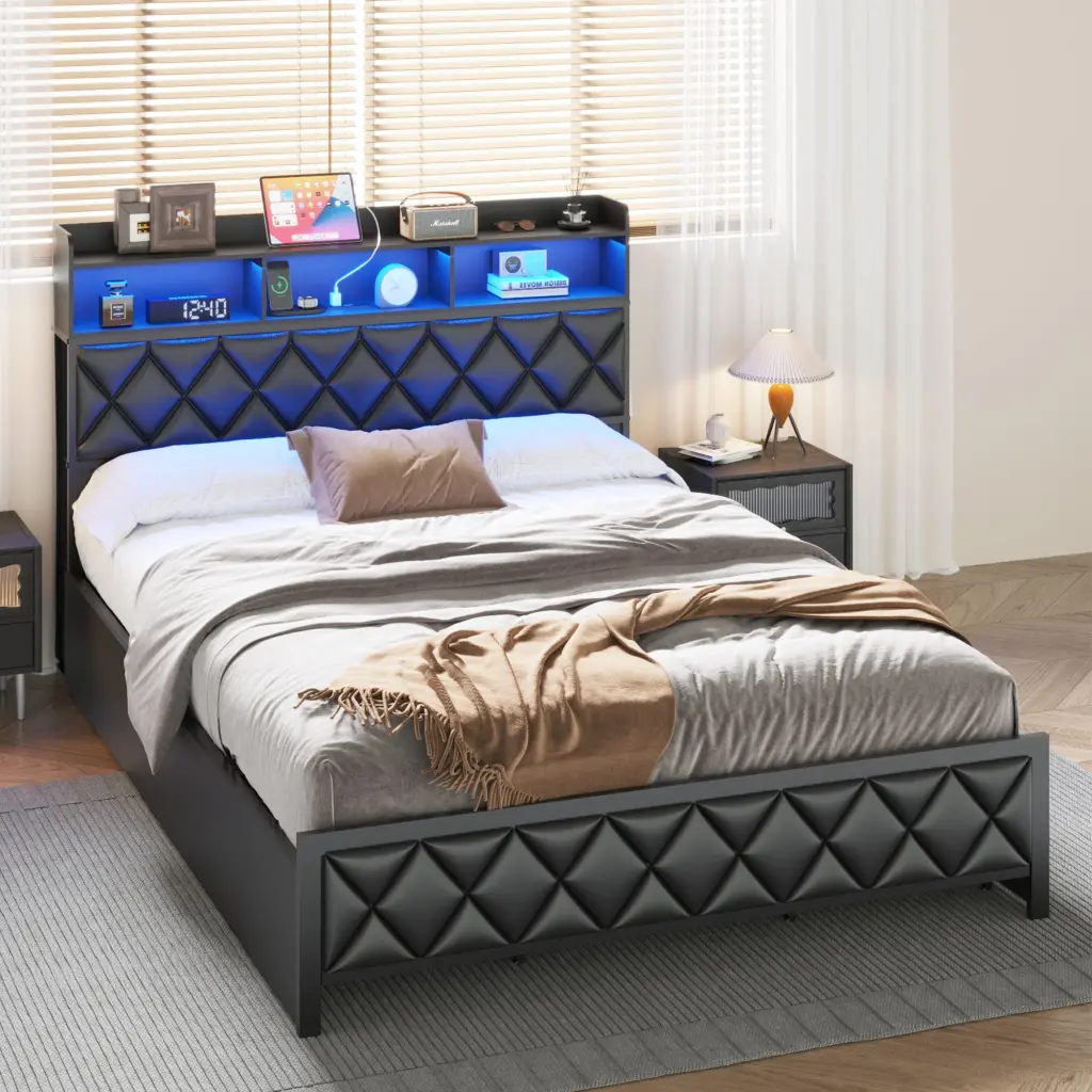 Queen Size Bed Frame Storage Headboard and 4 Drawers Upholstered jhomier furniture