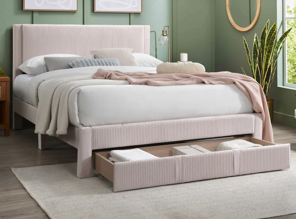 Contemporary 1Pc Queen Dimensions Bed Storage Drawer Light Pink Corduroy Fabric kanepe