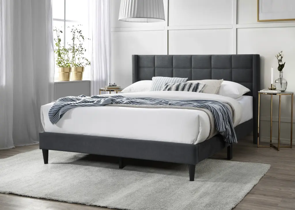 Elegant Modern Queen Size Bed Charcoal Brushed Linen Upholstered kanepe