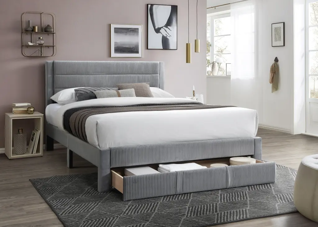 Premium Contemporary 1Pc Queen Size Bed Storage Drawer Gray Cord kanepe