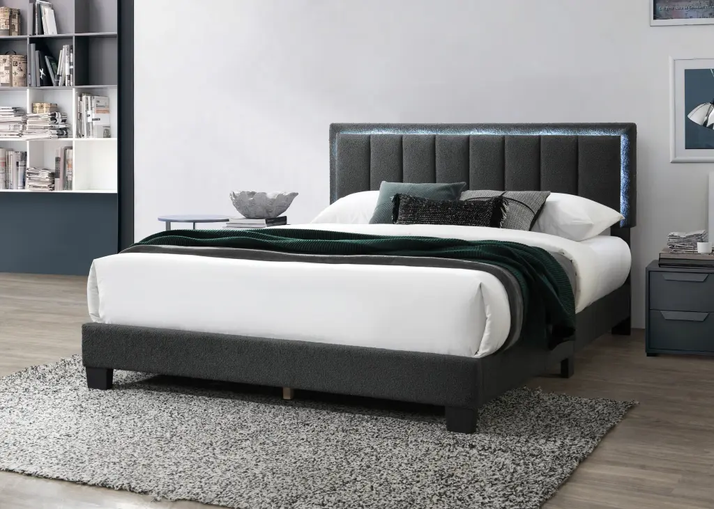 Queen Size Bed Charcoal Wool Fabric Channel Tufting Upholstered Headboard LED Lighting kanepe