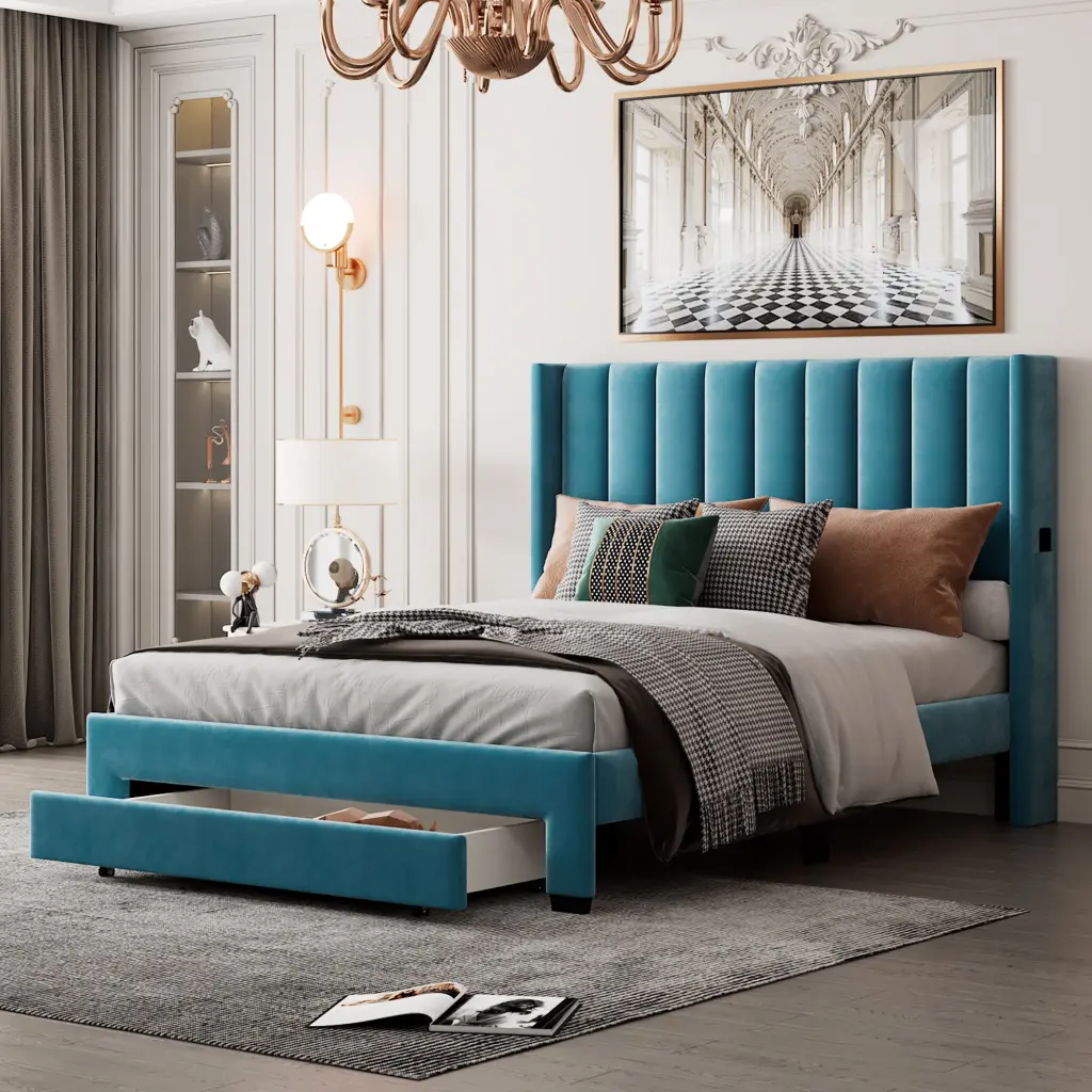 Queen Size Velvet Upholstered Platform Storage Bed Big Drawers lucky furniture