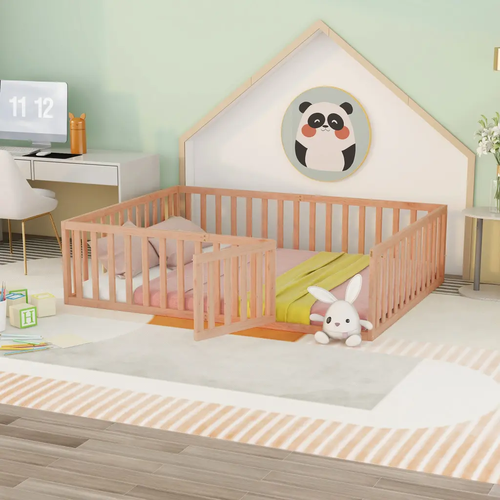 Queen Size Wood Floor Bed Frame Fence And Door Natural Wood Platform Bed lucky furniture