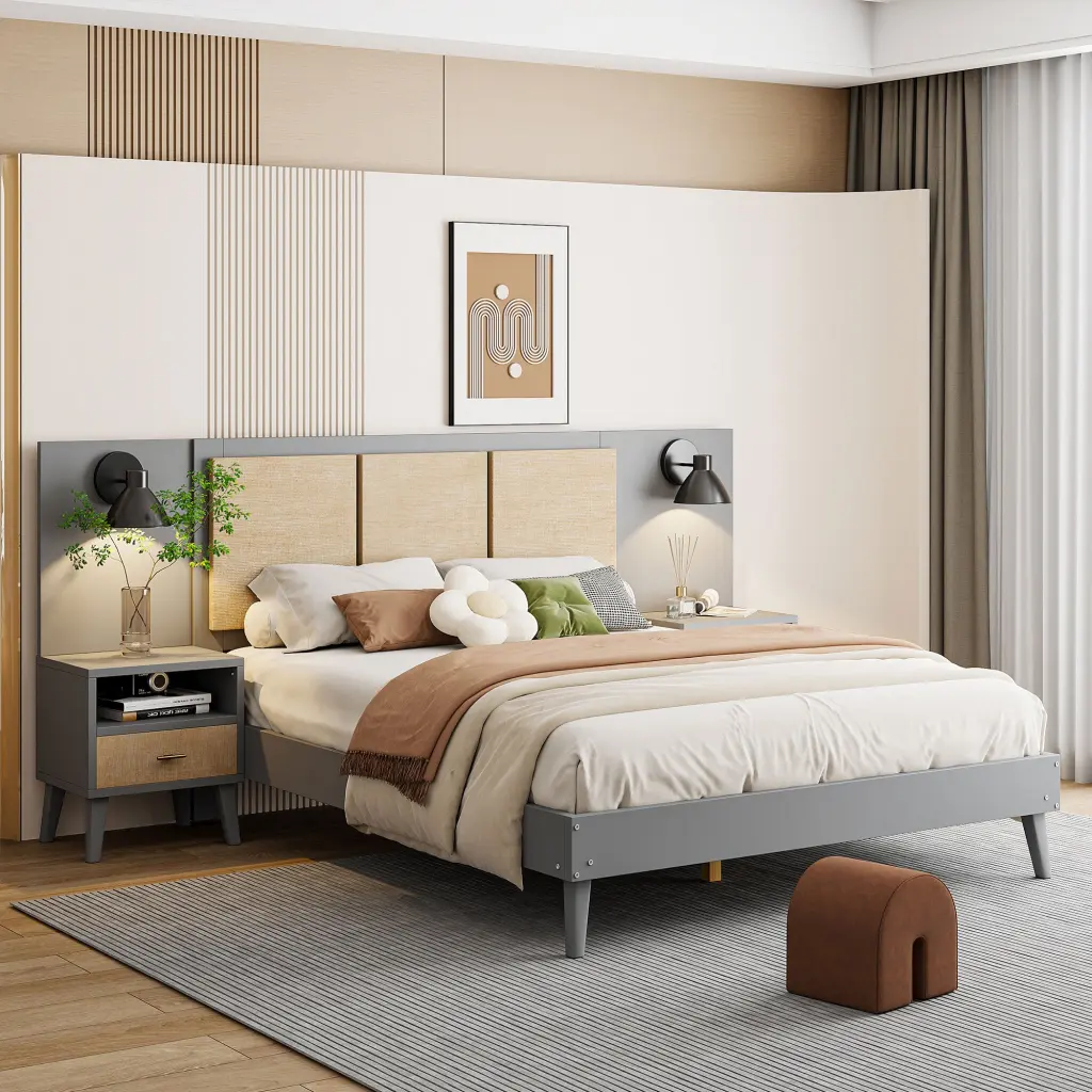 Queen Size Solid Wood Bed Frame 2 Nightstands Elegant Design lucky home