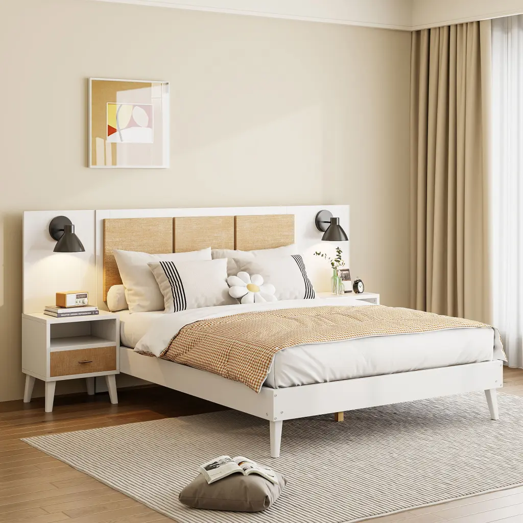 Queen Size Solid Wood Bed Frame 2 Nightstands Elegant Design lucky home