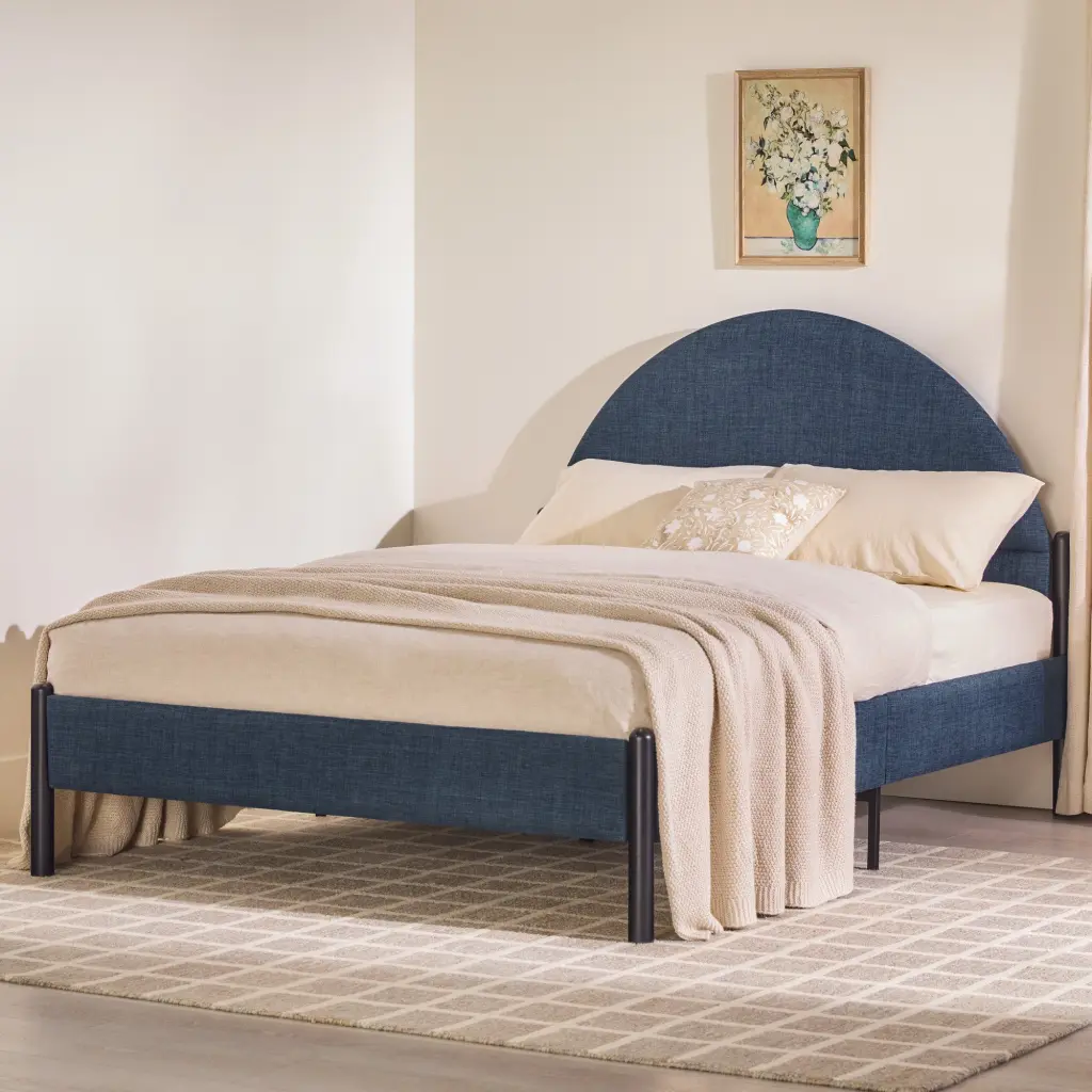 Modern Upholstered Curved Headboard Queen Bedframe Blue Metallic Finish walker edison