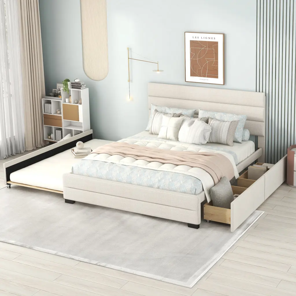 Queen Size Upholstered Platform Bed Trundle and Two Drawers wm store