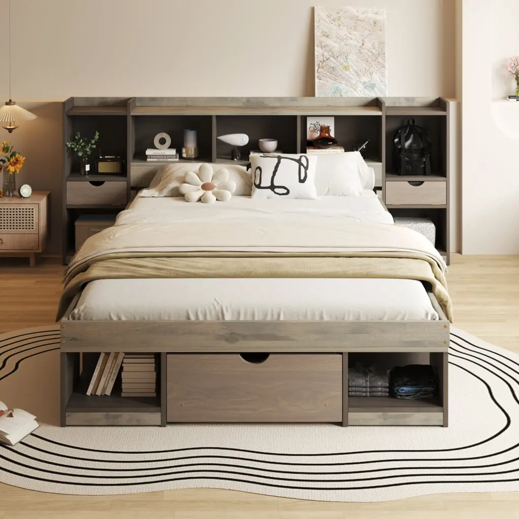 Queen Size Wood Platform Bed Multi Storage Headboard And Drawer - Space Saving Design wm store