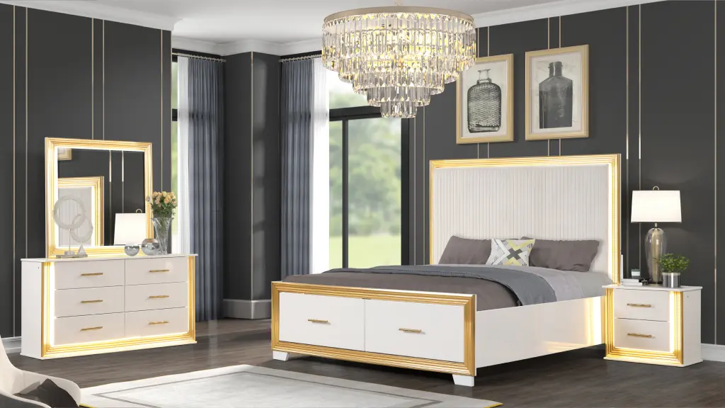 Contemporary 4 Piece Queen Bedroom Set Wood Frame Gold Finish Luxury Furniture galaxy home furnishings