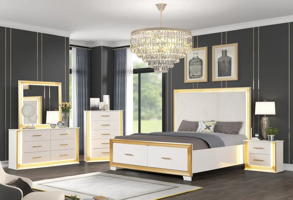 Contemporary Style 5Pc Queen Bedroom Set Made Timber Precious Metal Finish galaxy home furnishings