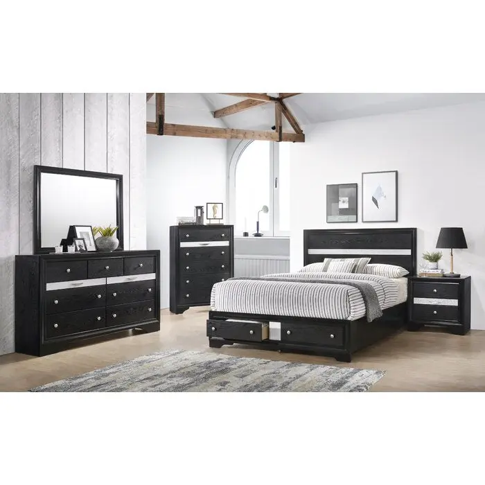 Traditional Style Queen 5 Piece Storage Bedroom Set Black Solid Wood galaxy home furnishings