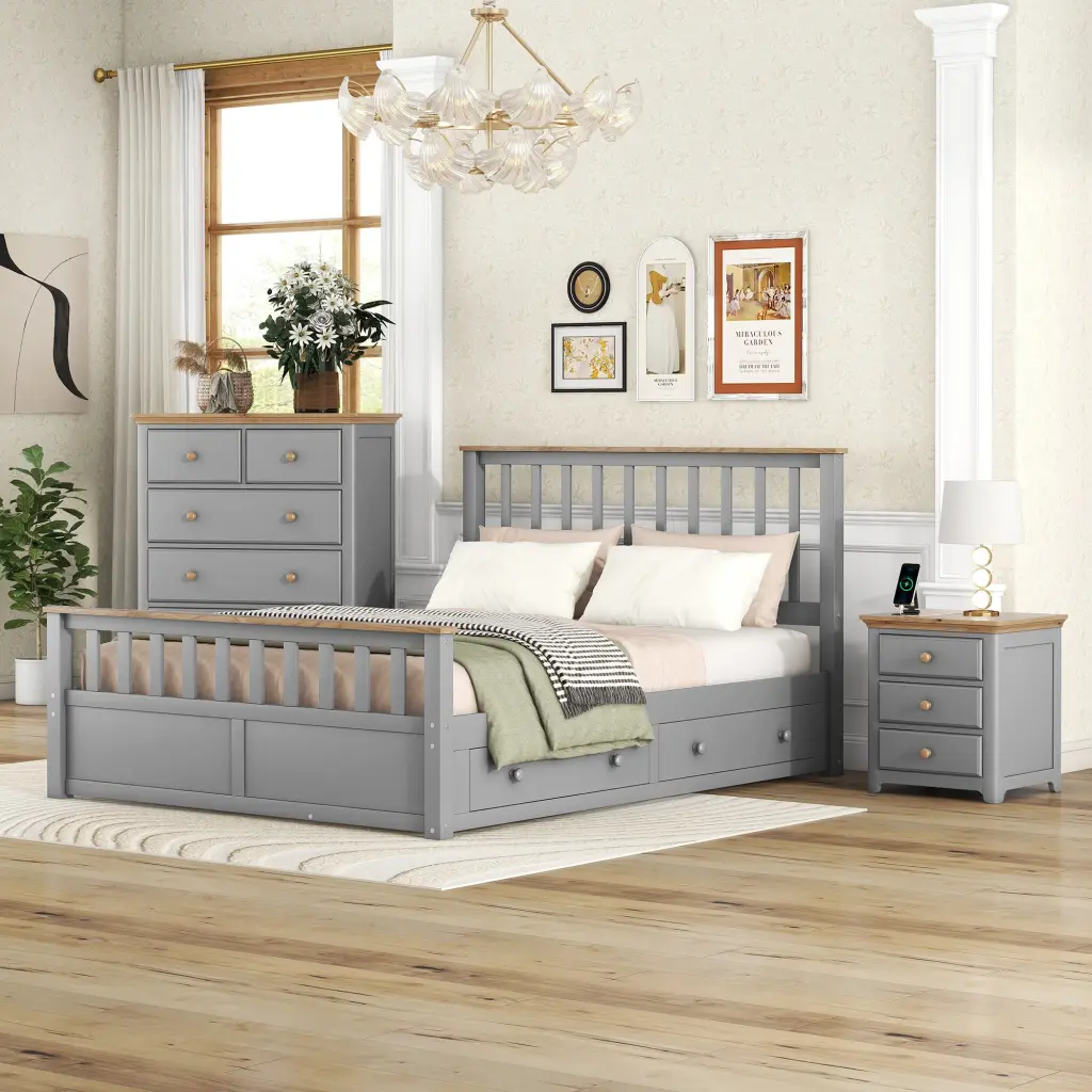 3 Pieces Bedroom Set Queen Size Platform Bed Nightstand USB Charging homey life