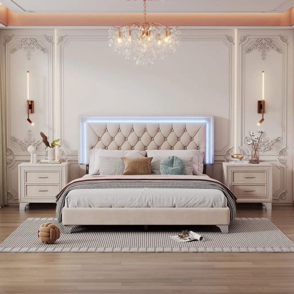 3 Pieces Queen Size Bedroom Set Upholstered Platform Bed LED Lights rnb
