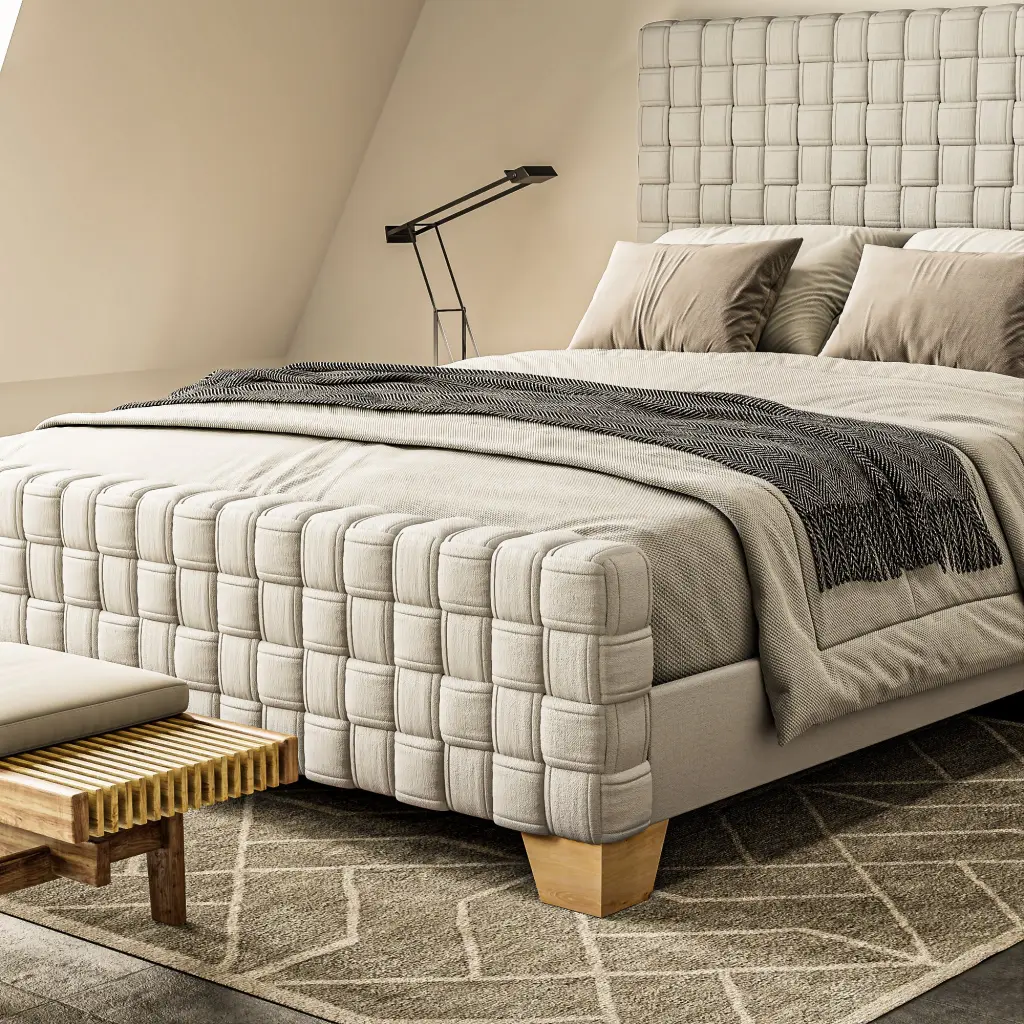 Queen Bed Light Beige Linen and Rubber Wood Natural Color factoryx