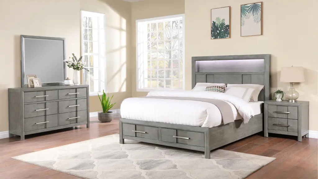Modern Queen 4Pc Storage Bedroom Set Timber Frame and LED Headboard galaxy home furnishings